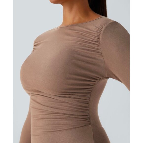 Halara Ribbed Boat Neck Long Sleeve Ruched Maxi Dress Sz Medium Side Pocket Flow - Picture 7 of 9